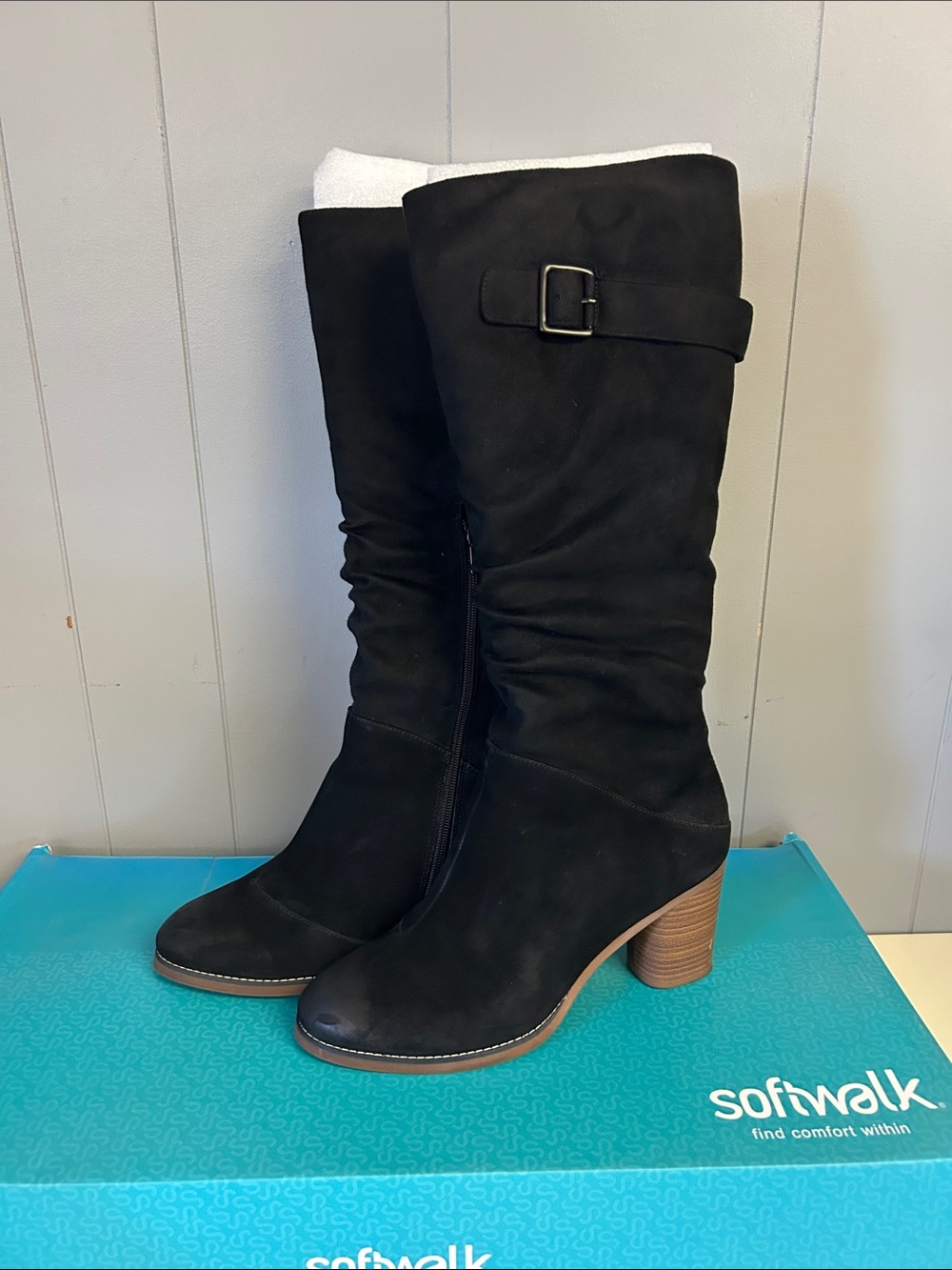 SoftWalk Black Suede Knee-High Block Heel Boots
